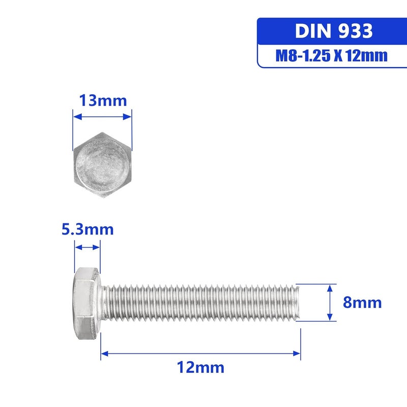 Instockbolts برغي سداسي الرأس M8-1.25 X 12، فولاذ مقاوم للصدأ 304 18-8، حزمة من 20 - Image 2